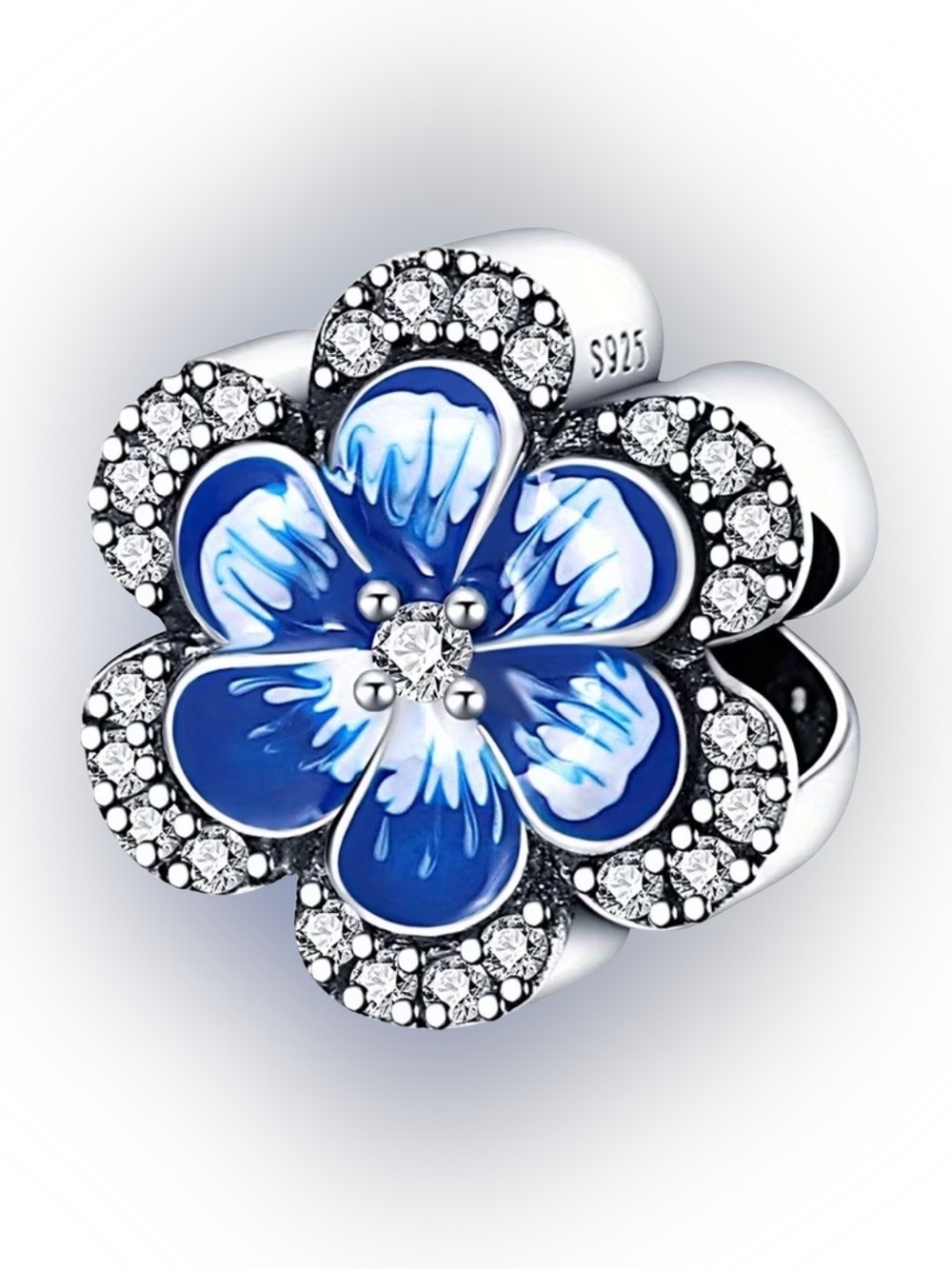 Sterling Silver Blue Enamel Flower Crystal Charm